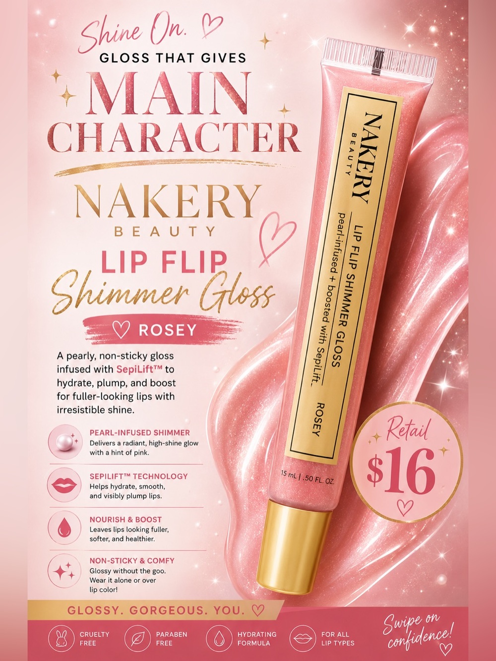 Nakery Beauty Lip Flip Shimmer Gloss — Rosey Pink
